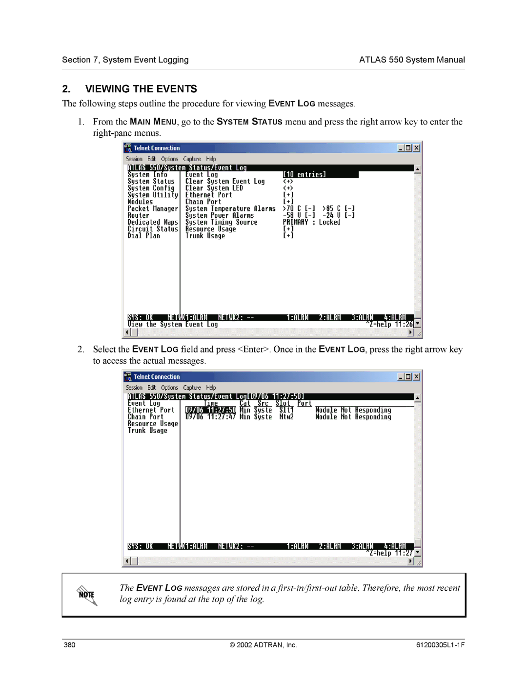 ADTRAN 1200305L1 system manual Viewing the Events 