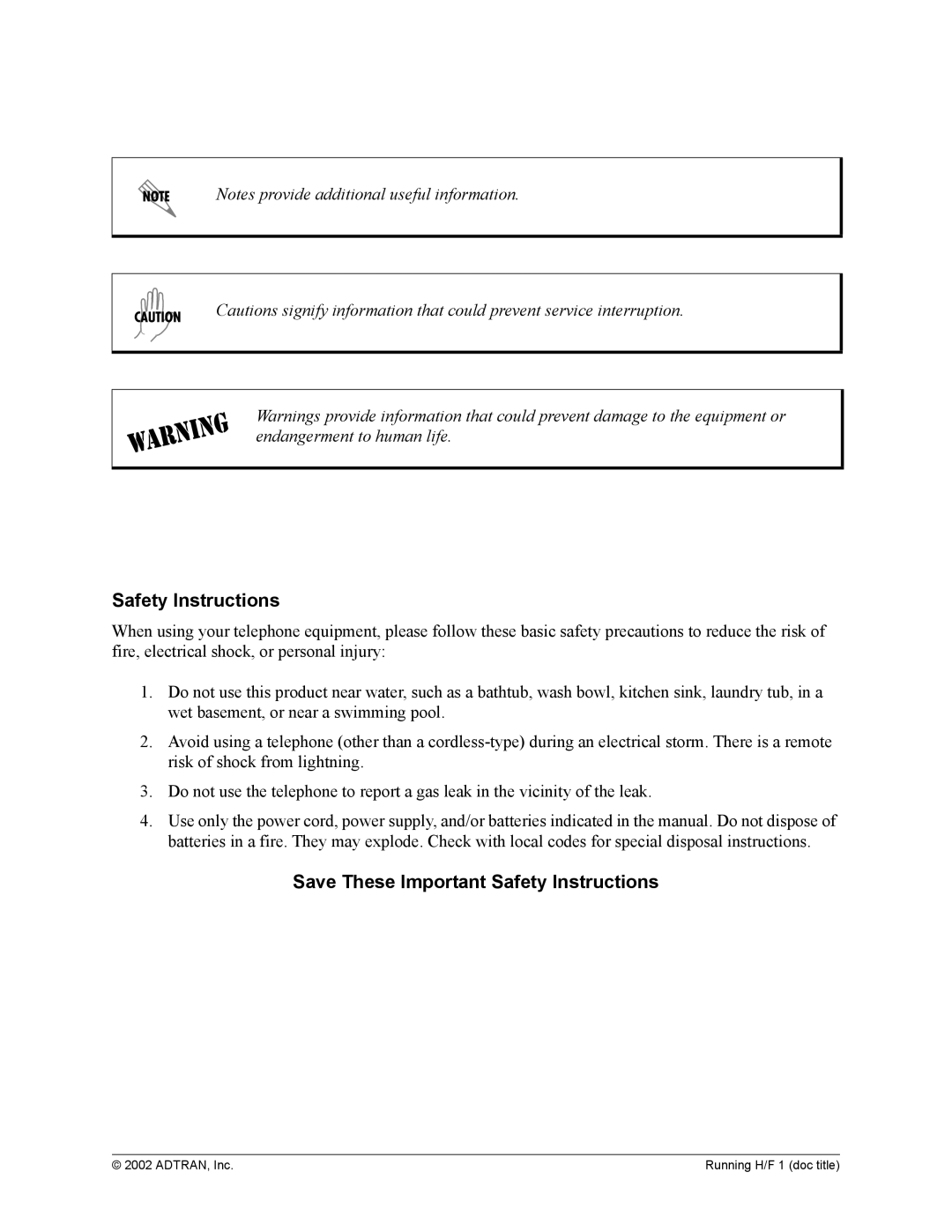 ADTRAN 1200305L1 system manual Save These Important Safety Instructions 