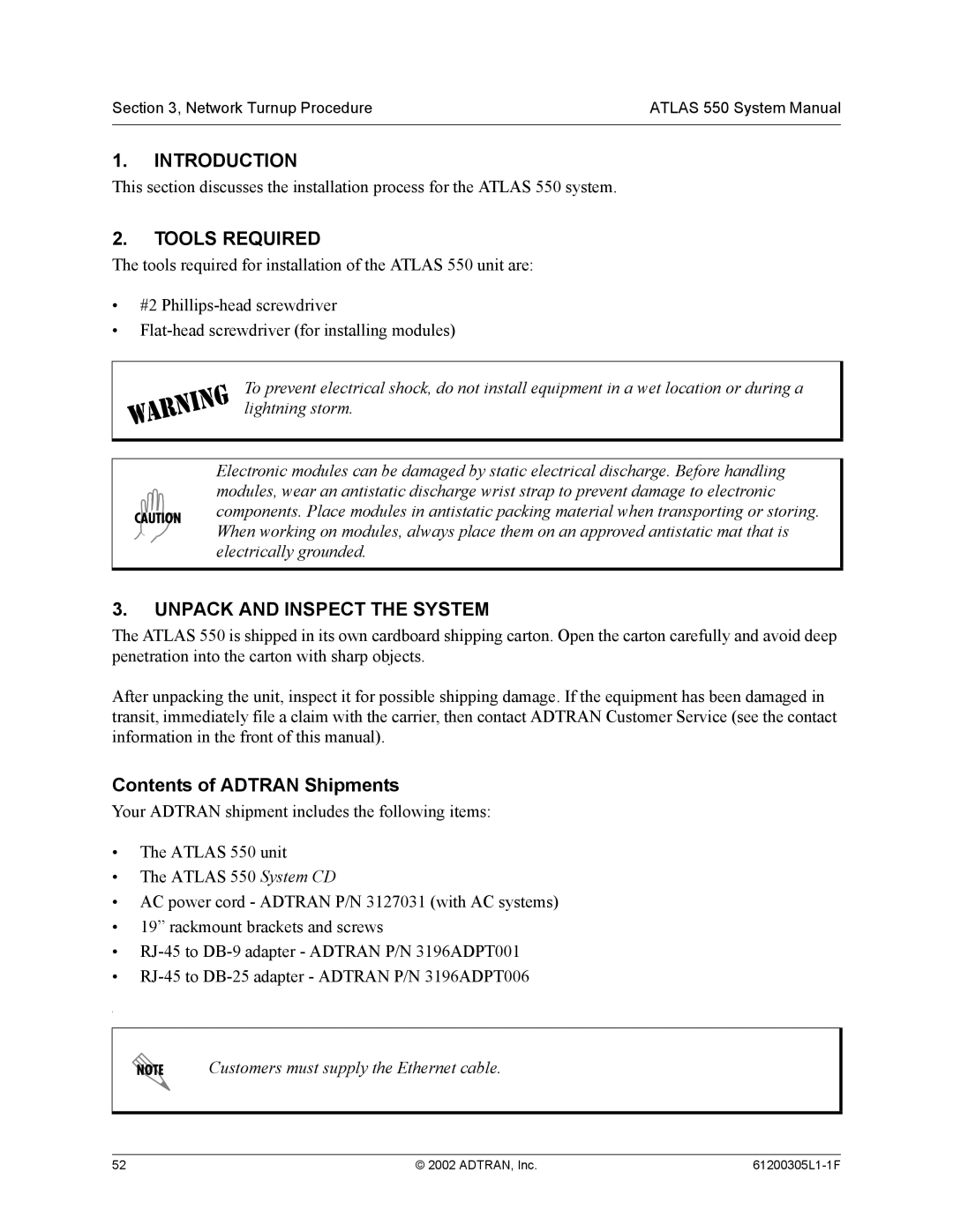 ADTRAN 1200305L1 system manual Introduction, Tools Required, Unpack and Inspect the System, Contents of Adtran Shipments 