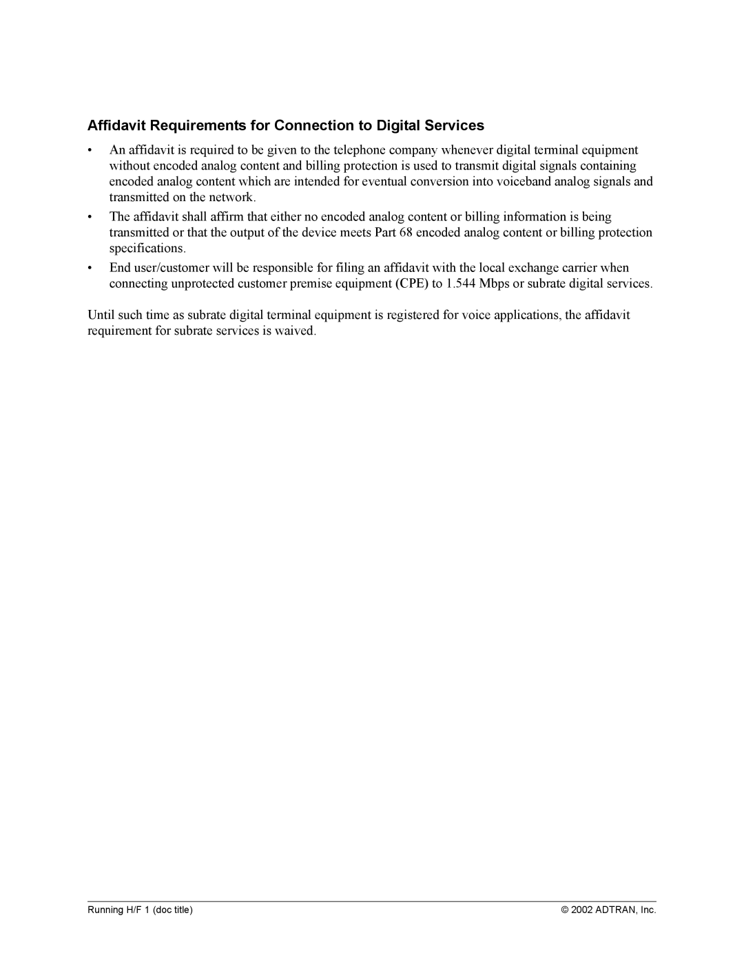 ADTRAN 1200305L1 system manual Affidavit Requirements for Connection to Digital Services 