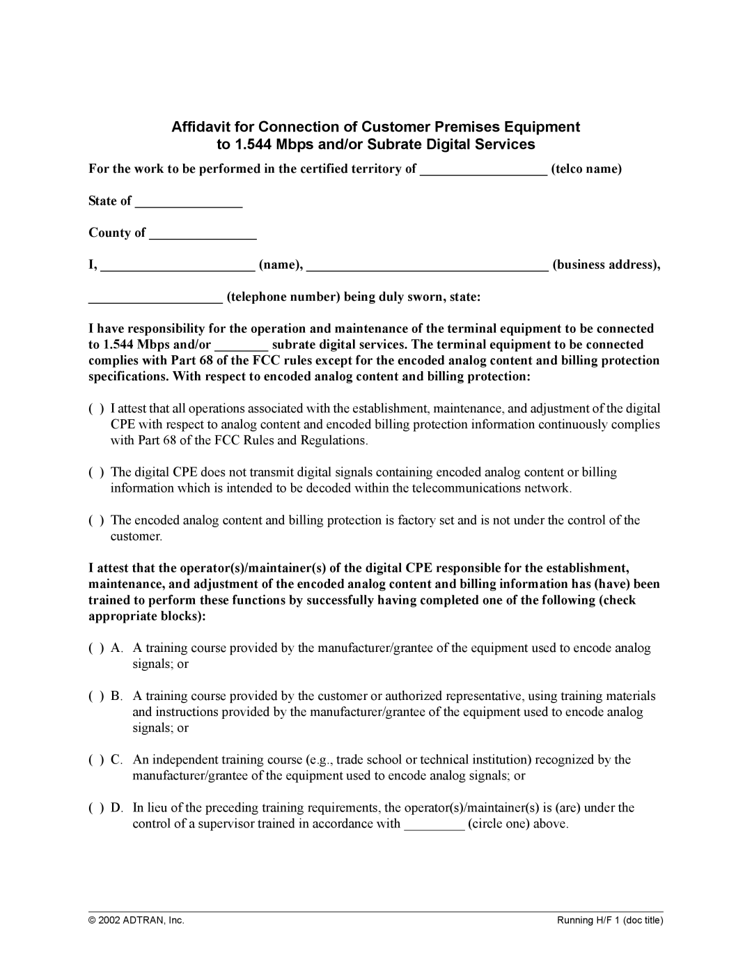 ADTRAN 1200305L1 system manual ADTRAN, Inc Running H/F 1 doc title 