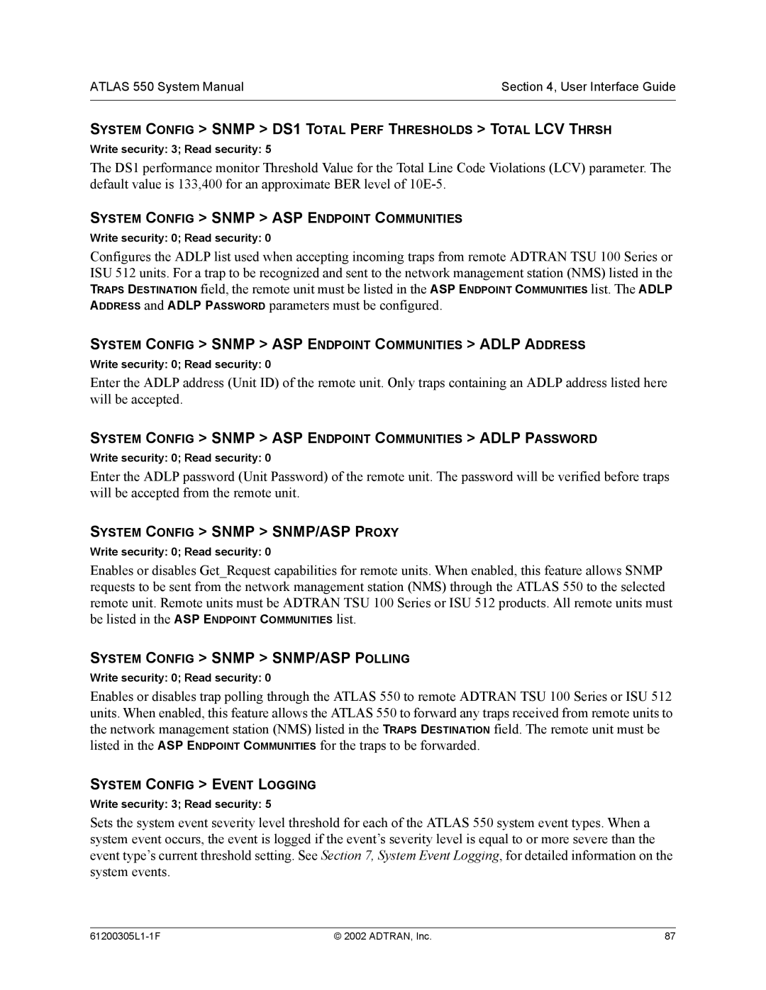 ADTRAN 1200305L1 system manual System Config Snmp SNMP/ASP Proxy, System Config Snmp SNMP/ASP Polling 