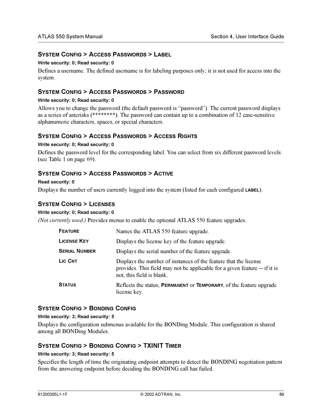 ADTRAN 1200305L1 system manual License key 