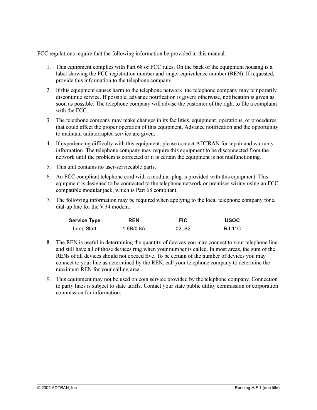 ADTRAN 1200305L1 system manual REN FIC Usoc 