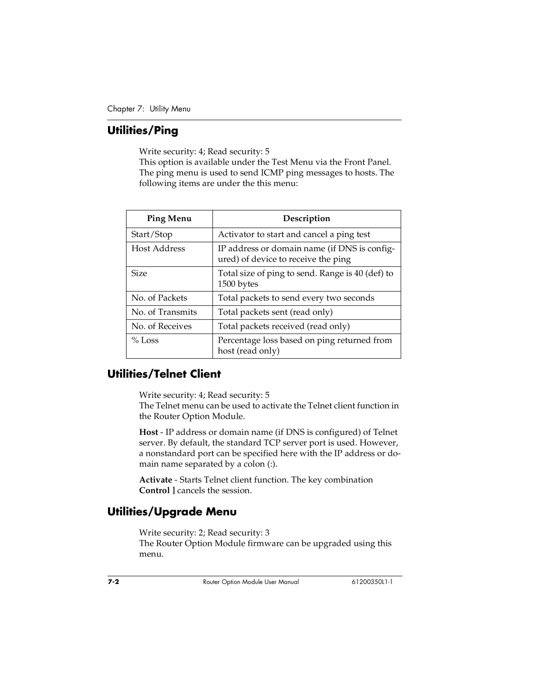 ADTRAN 1200350L1 user manual Utilities/Ping, Utilities/Telnet Client, Utilities/Upgrade Menu, Ping Menu Description 