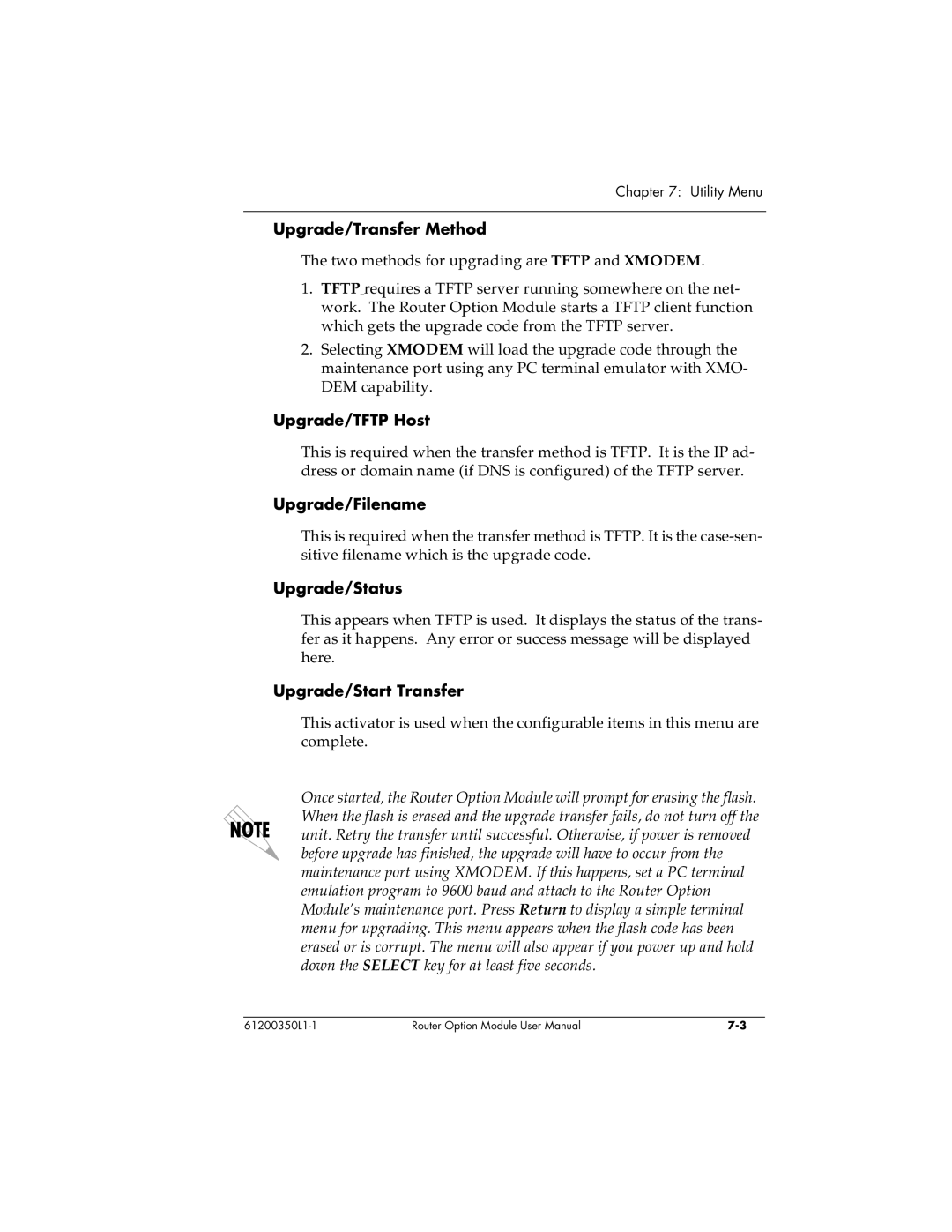 ADTRAN 1200350L1 Upgrade/Transfer Method, Upgrade/TFTP Host, Upgrade/Filename, Upgrade/Status, Upgrade/Start Transfer 