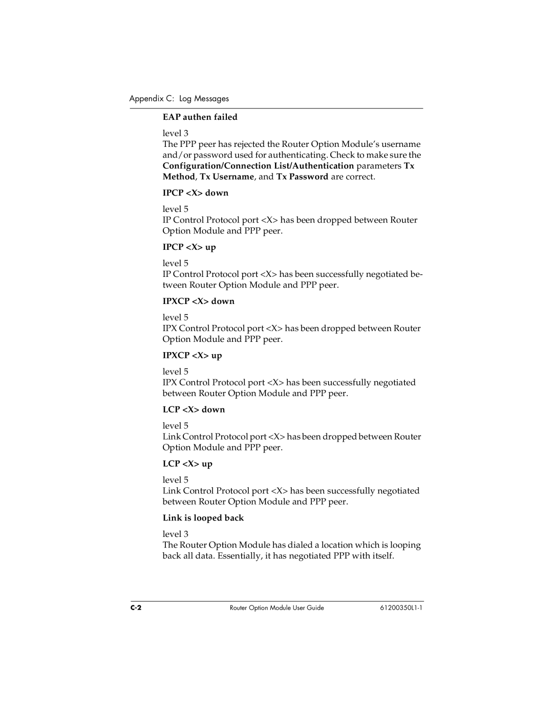 ADTRAN 1200350L1 user manual EAP authen failed, Ipcp X down, Ipcp X up, Ipxcp X down, Ipxcp X up, LCP X down, LCP X up 