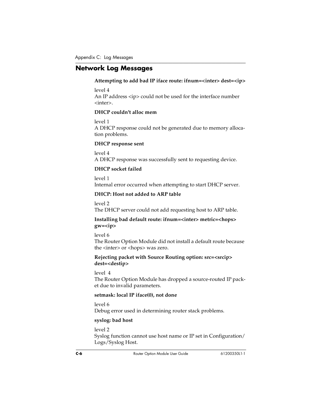 ADTRAN 1200350L1 user manual Network Log Messages 