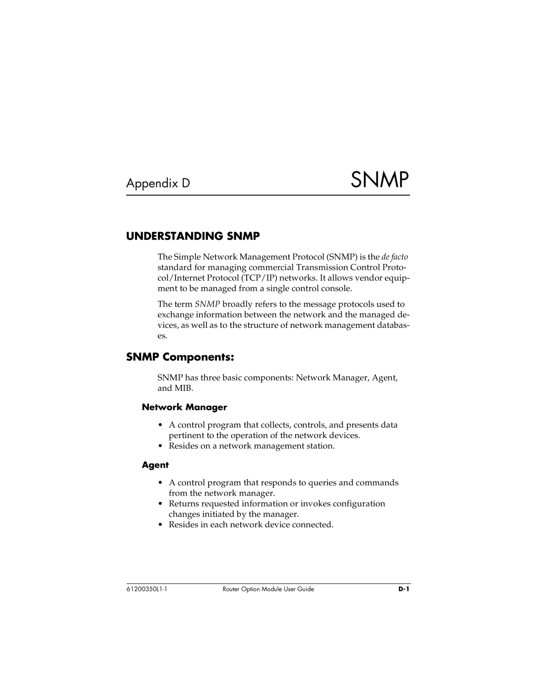 ADTRAN 1200350L1 user manual Understanding Snmp, Snmp Components, Network Manager, Agent 