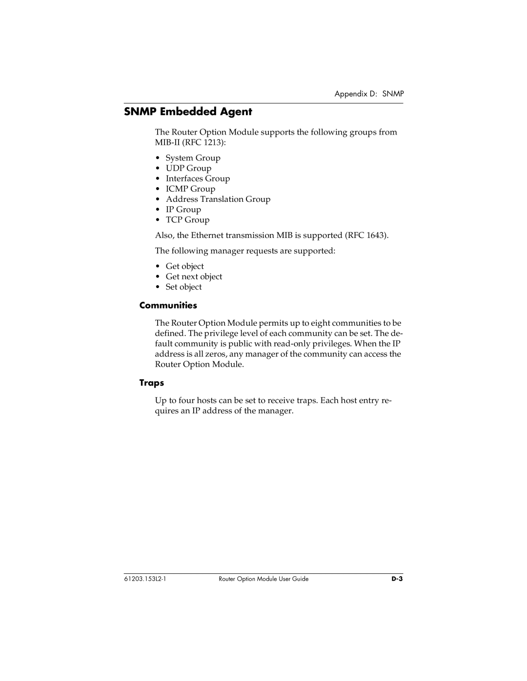 ADTRAN 1200350L1 user manual Snmp Embedded Agent, Communities, Traps 