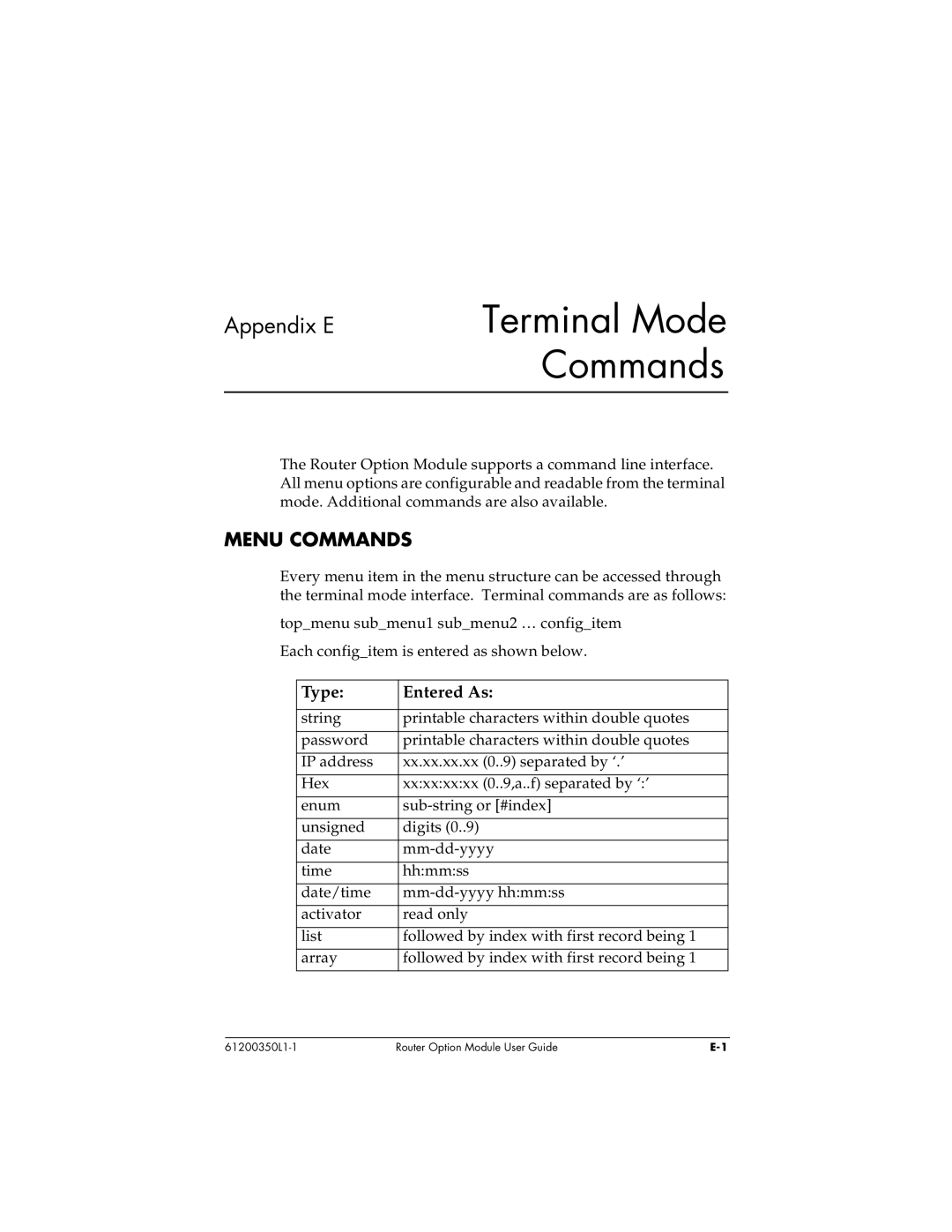 ADTRAN 1200350L1 user manual Menu Commands, Type Entered As 