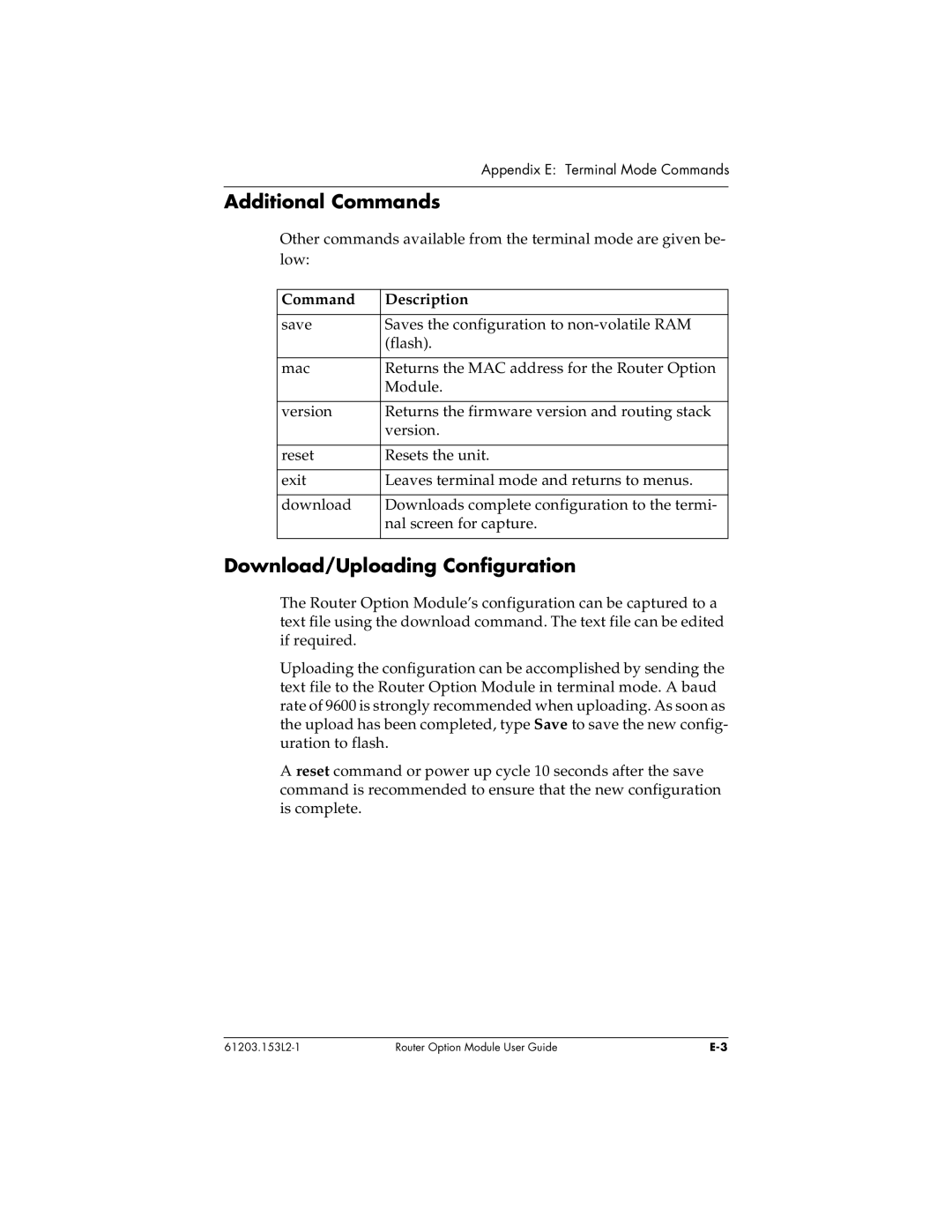 ADTRAN 1200350L1 user manual Additional Commands, Download/Uploading Configuration, Command Description 