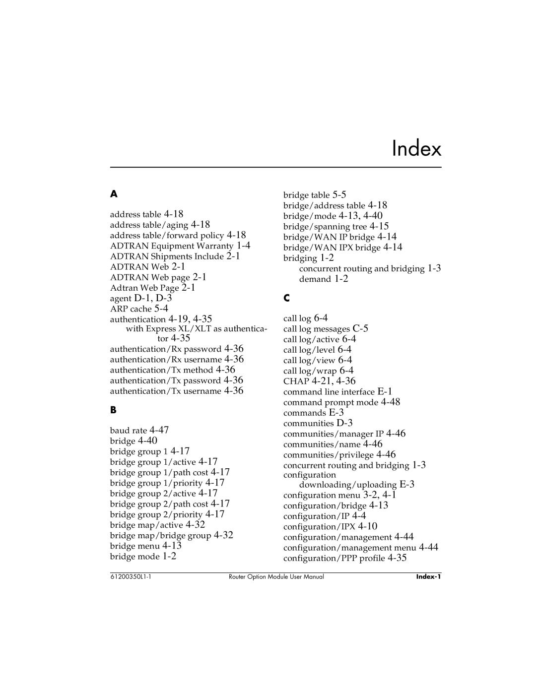 ADTRAN 1200350L1 user manual Index 