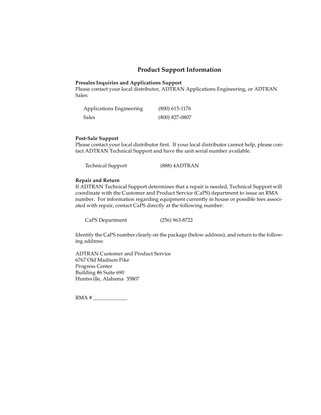 ADTRAN 1200350L1 user manual Presales Inquiries and Applications Support, Post-Sale Support, Repair and Return 