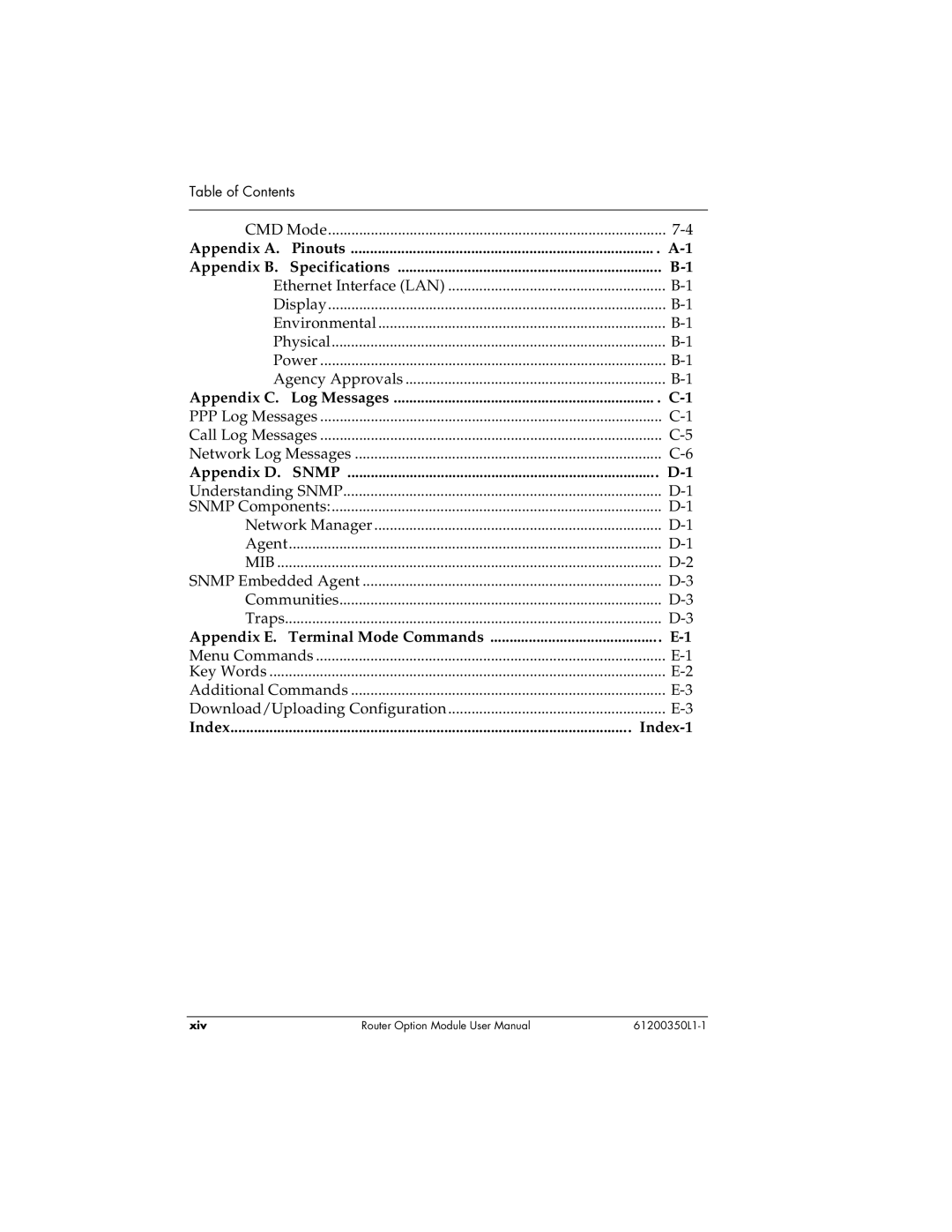 ADTRAN 1200350L1 Appendix A. Pinouts Appendix B. Specifications, Appendix C. Log Messages, Appendix D. Snmp, Index Index-1 