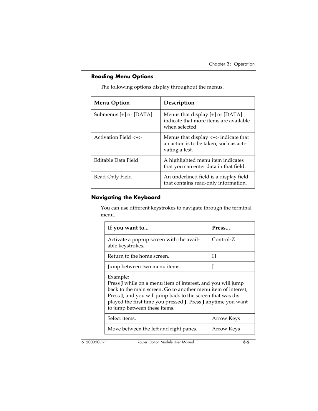 ADTRAN 1200350L1 user manual Menu Option Description, Reading Menu Options, Navigating the Keyboard 