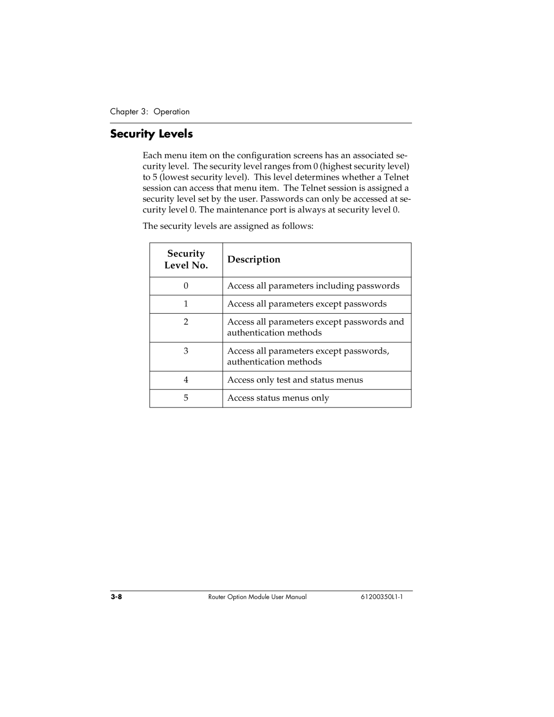 ADTRAN 1200350L1 user manual Security Levels, Security Description Level No 