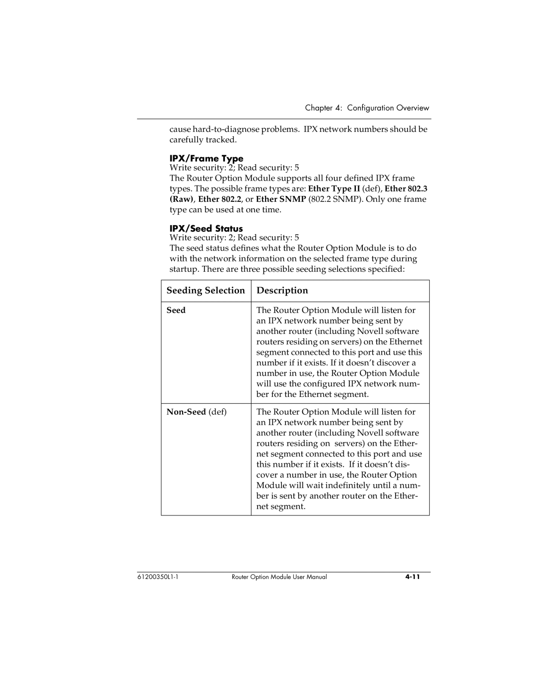 ADTRAN 1200350L1 user manual Seeding Selection Description, IPX/Frame Type, IPX/Seed Status, Non-Seed def 