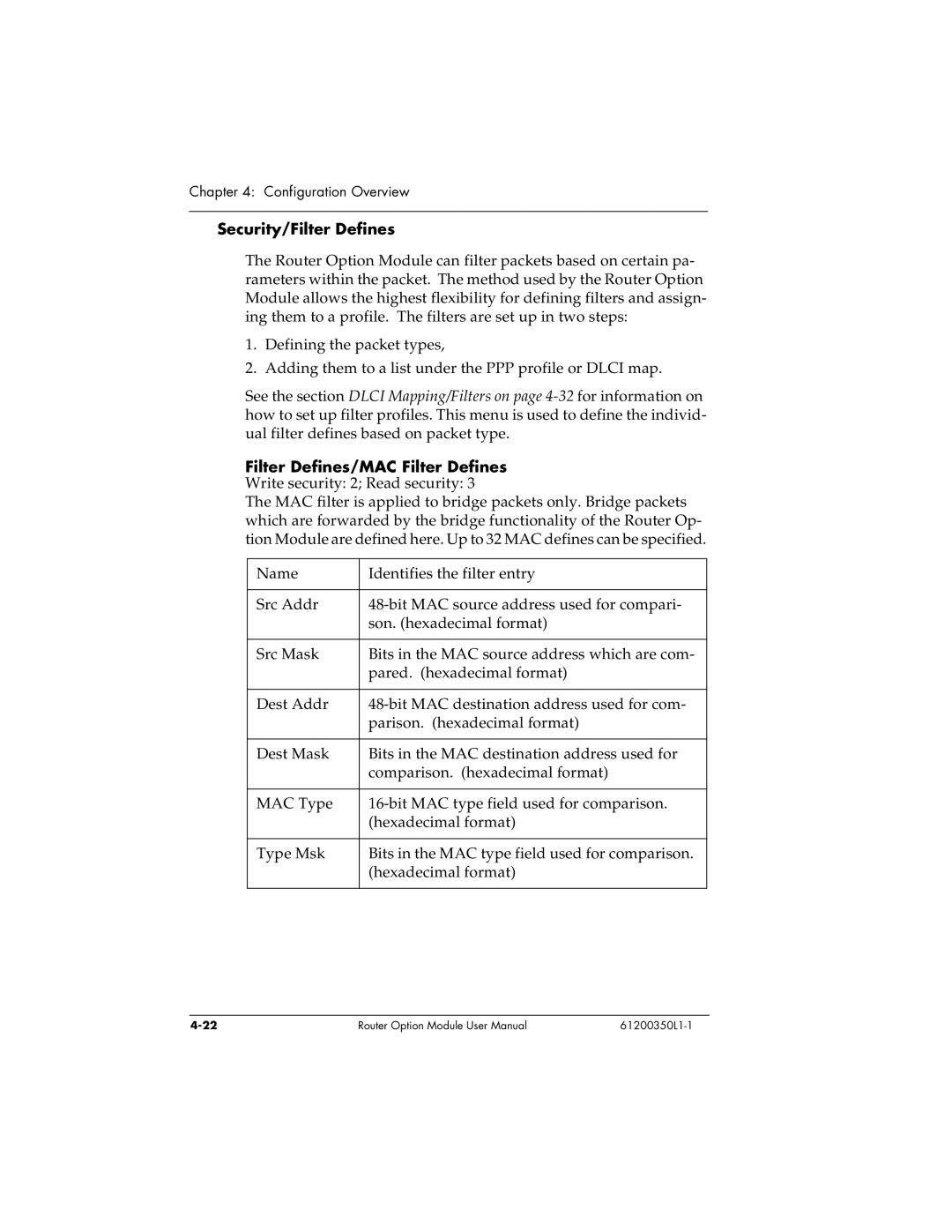 ADTRAN 1200350L1 user manual Security/Filter Defines, Filter Defines/MAC Filter Defines 