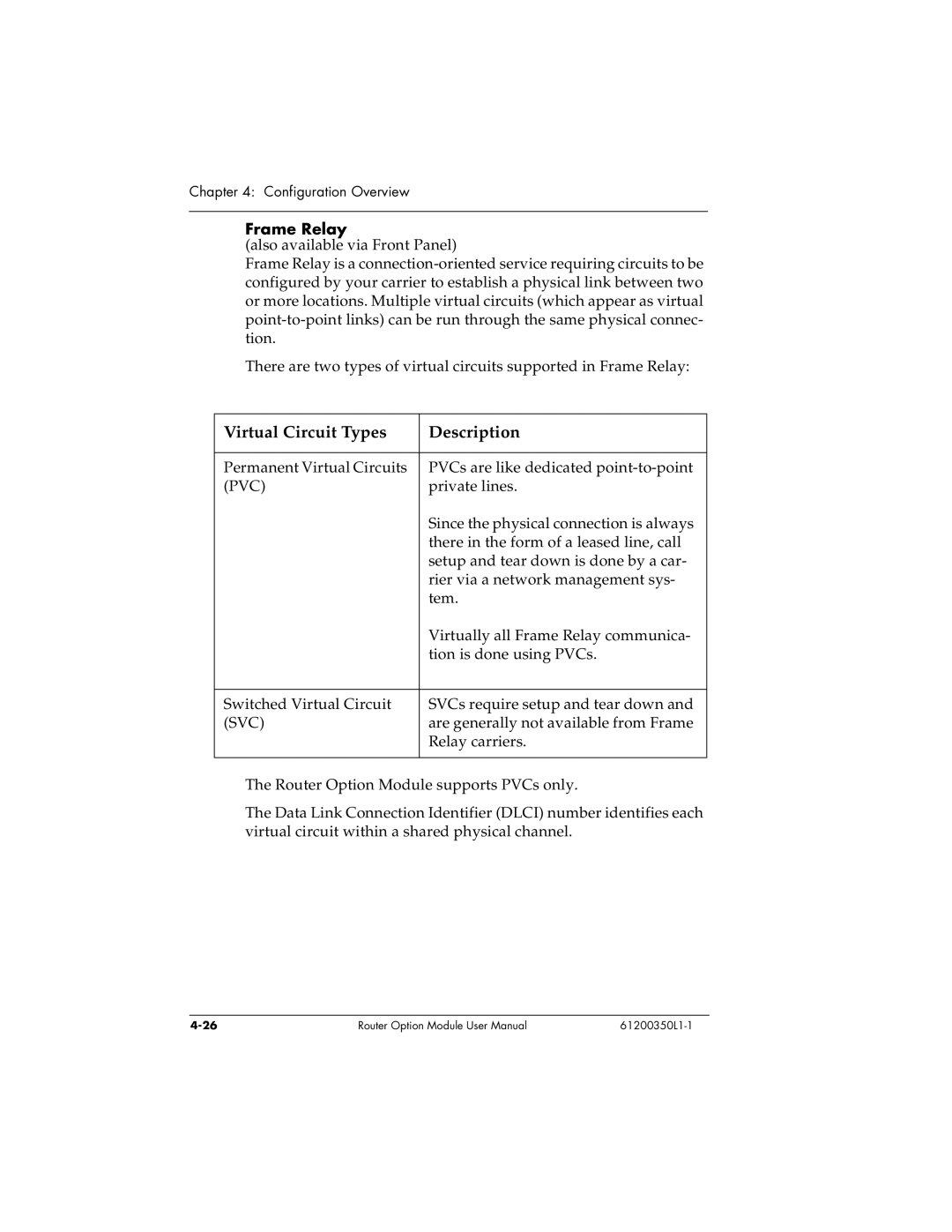 ADTRAN 1200350L1 user manual Virtual Circuit Types Description, Frame Relay 