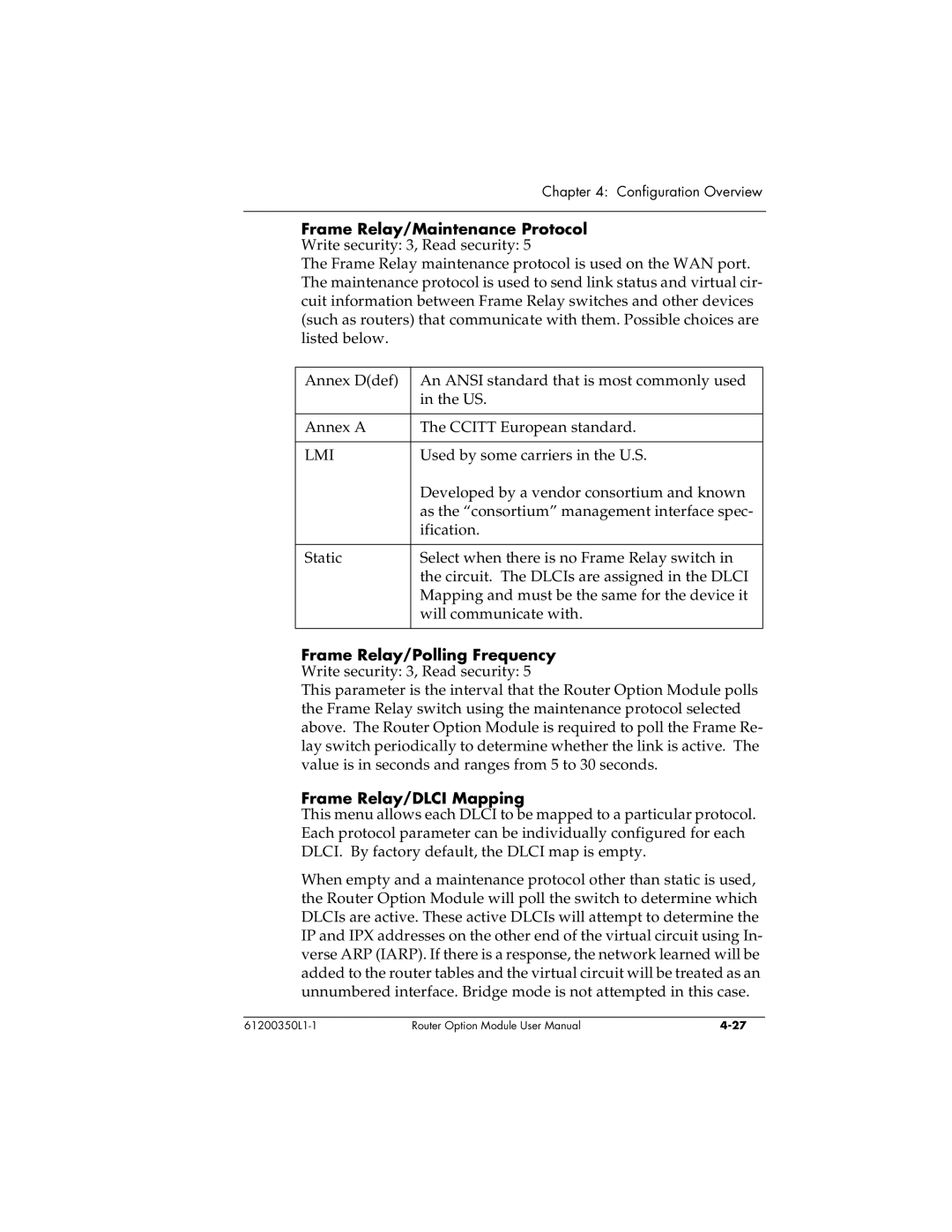 ADTRAN 1200350L1 user manual Frame Relay/Maintenance Protocol, Frame Relay/DLCI Mapping 