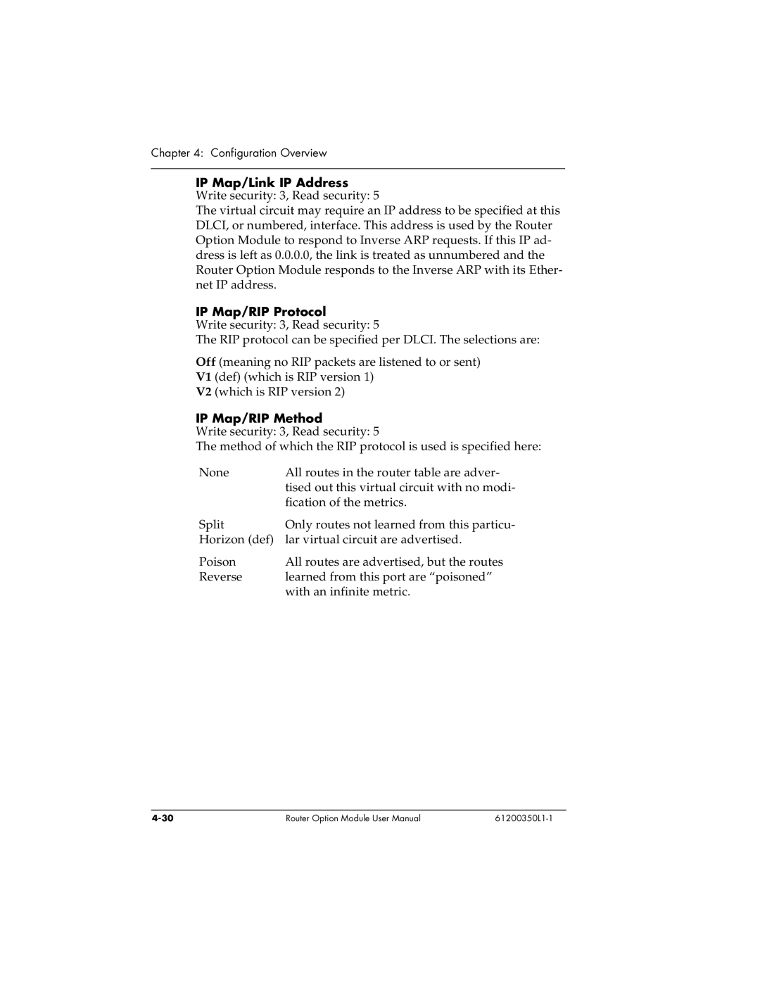 ADTRAN 1200350L1 user manual IP Map/Link IP Address Write security 3, Read security, IP Map/RIP Protocol, IP Map/RIP Method 