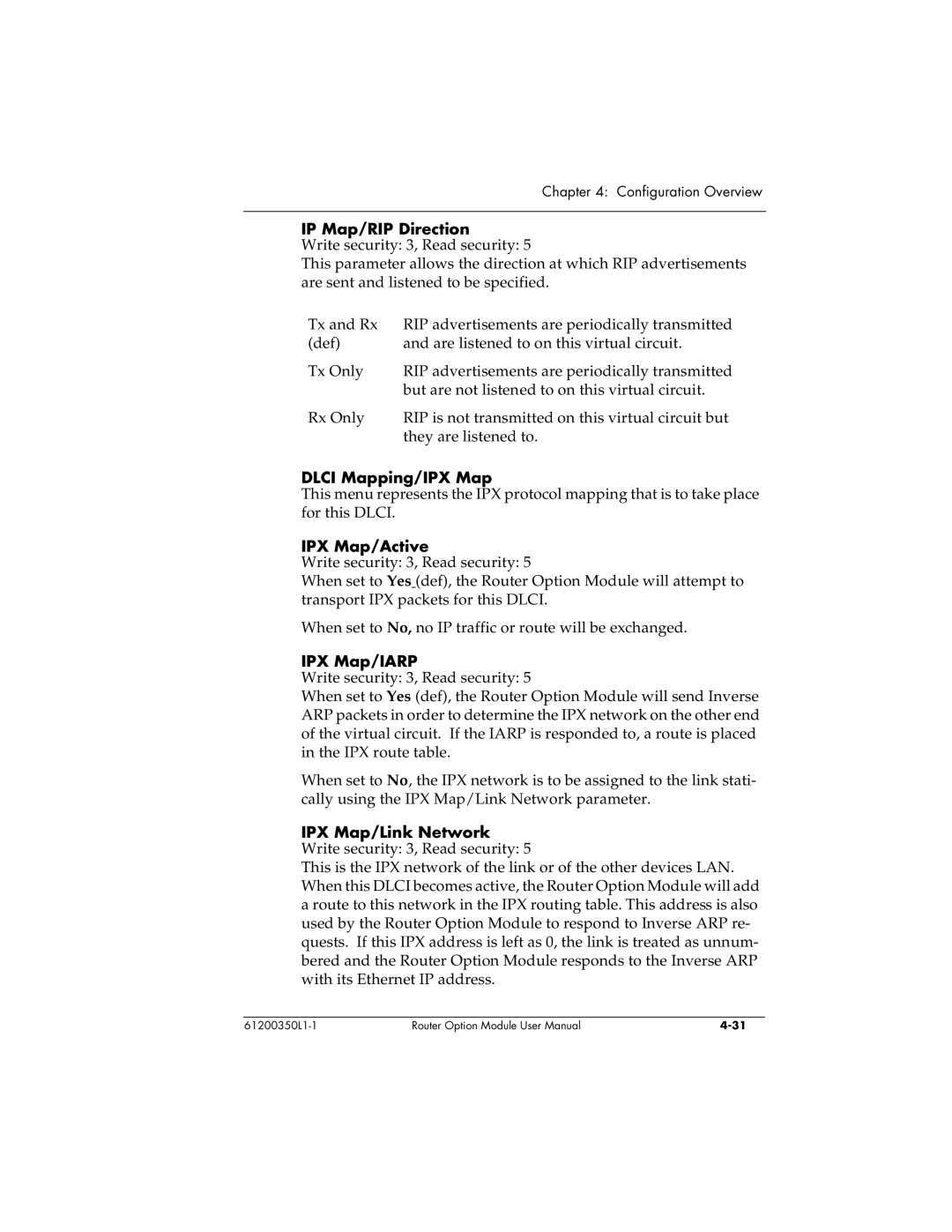 ADTRAN 1200350L1 user manual IP Map/RIP Direction, Dlci Mapping/IPX Map, IPX Map/Active, IPX Map/IARP 