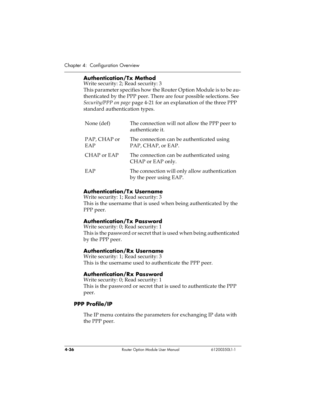 ADTRAN 1200350L1 Authentication/Tx Method Write security 2 Read security, Authentication/Rx Username, PPP Profile/IP 