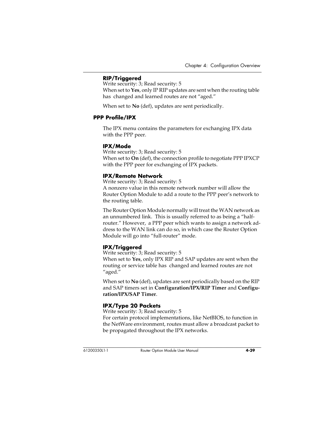 ADTRAN 1200350L1 user manual RIP/Triggered, PPP Profile/IPX, IPX/Remote Network, IPX/Triggered, IPX/Type 20 Packets 