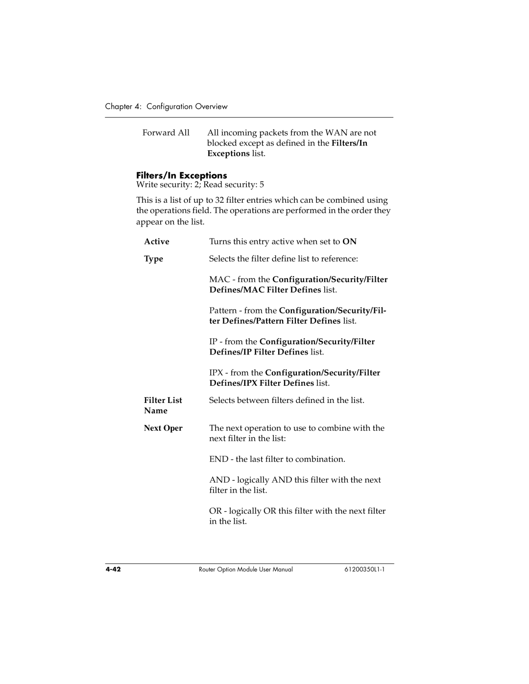 ADTRAN 1200350L1 user manual Filters/In Exceptions 