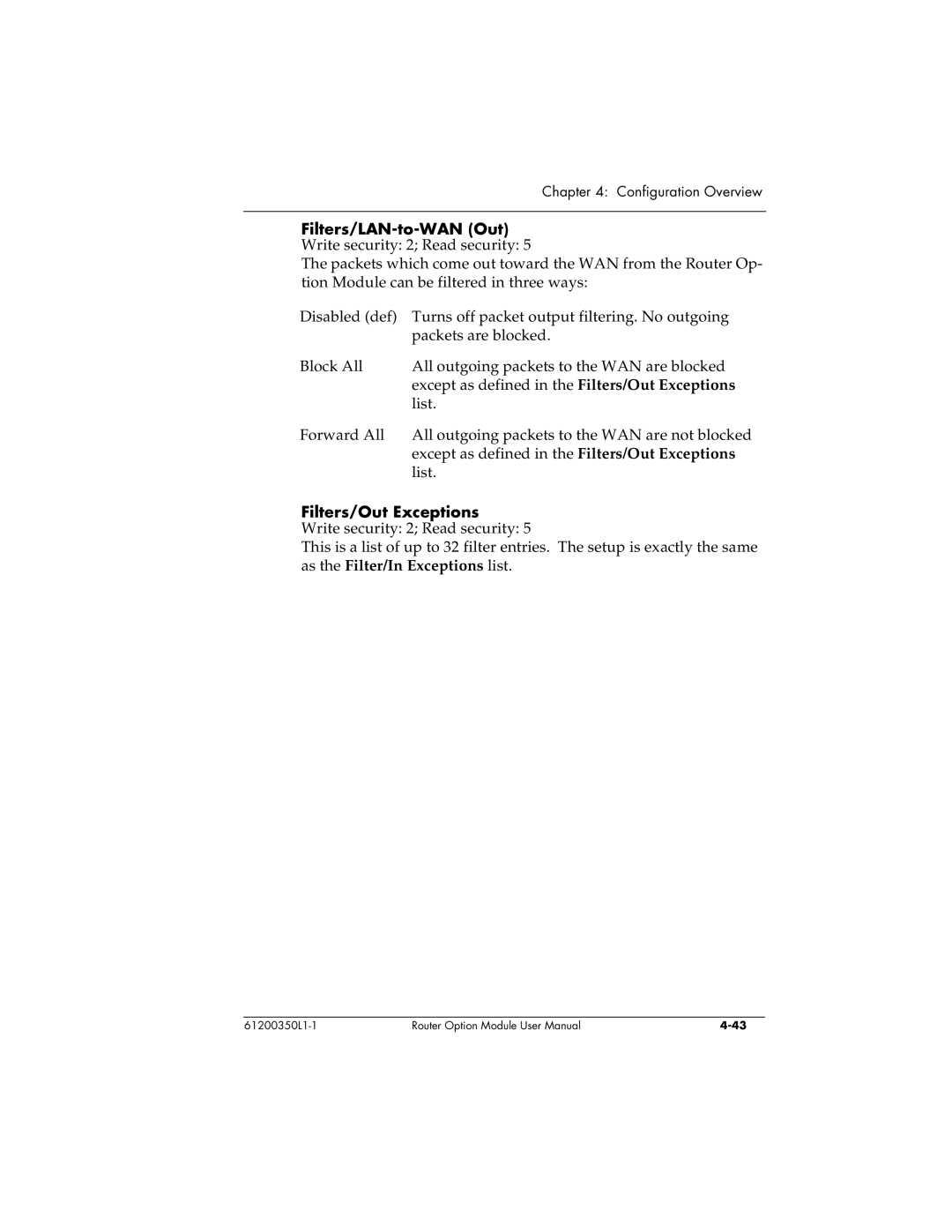 ADTRAN 1200350L1 user manual Filters/LAN-to-WAN Out Write security 2 Read security, Filters/Out Exceptions 