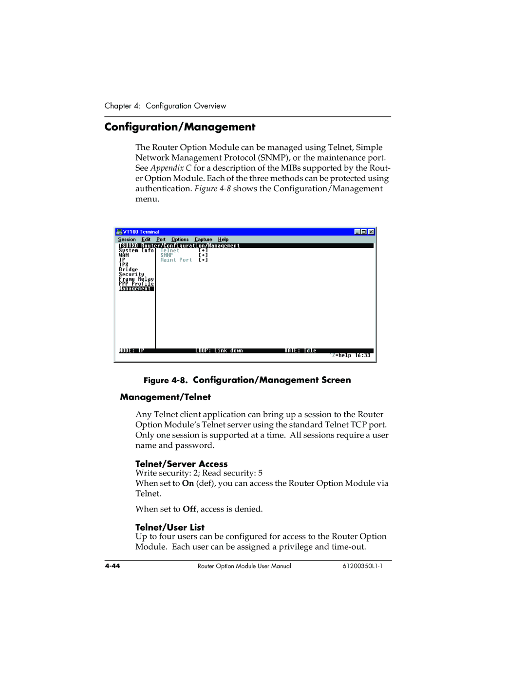 ADTRAN 1200350L1 user manual Configuration/Management, Telnet/Server Access, Telnet/User List 