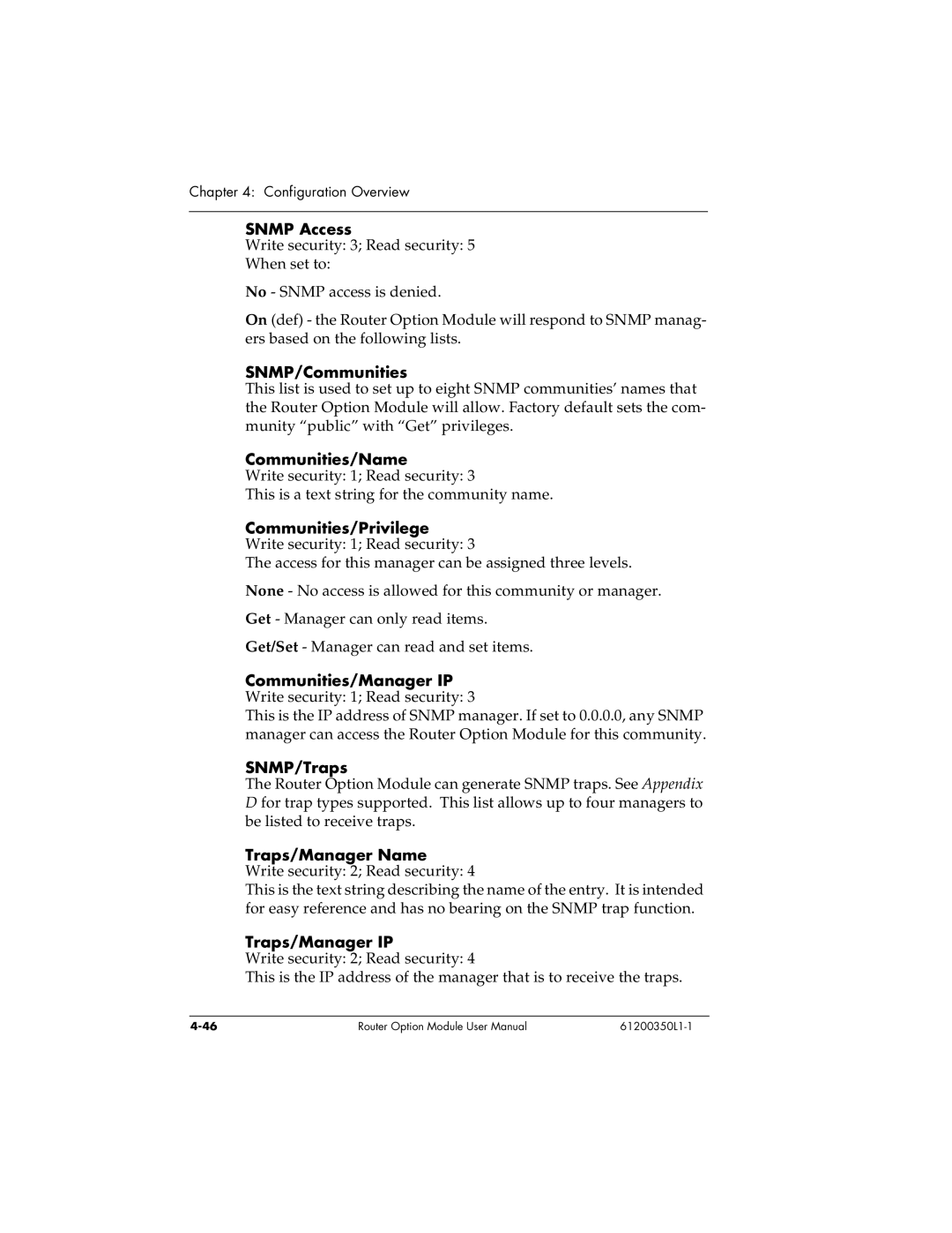 ADTRAN 1200350L1 Snmp Access, SNMP/Communities, Communities/Name, Communities/Privilege, SNMP/Traps, Traps/Manager Name 