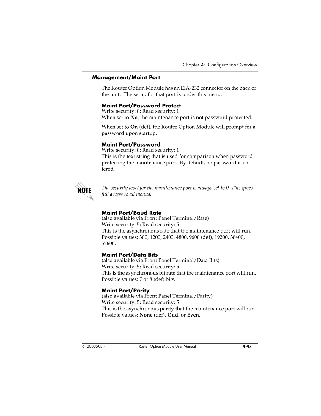 ADTRAN 1200350L1 Management/Maint Port, Maint Port/Password Protect Write security 0 Read security, Maint Port/Baud Rate 