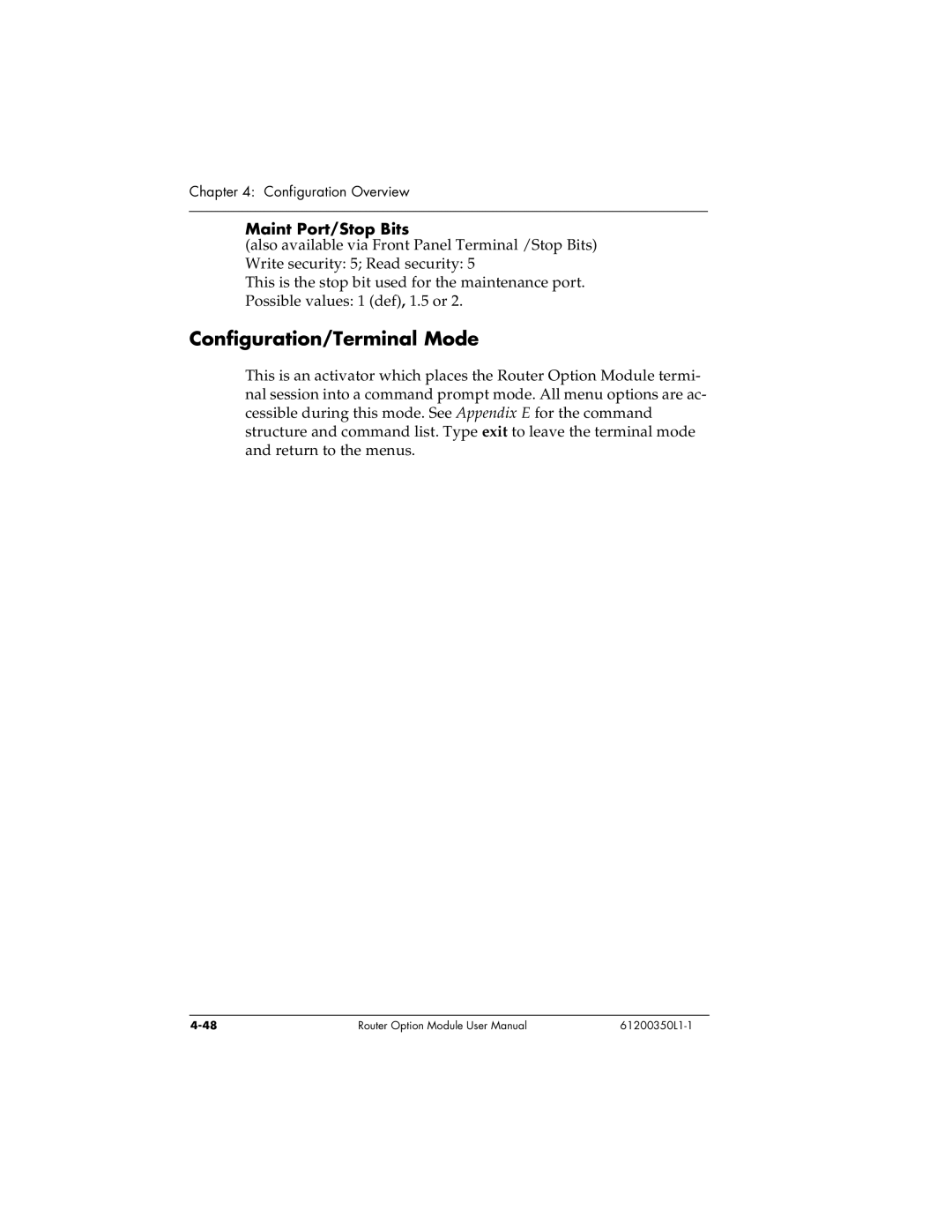 ADTRAN 1200350L1 user manual Configuration/Terminal Mode, Maint Port/Stop Bits 