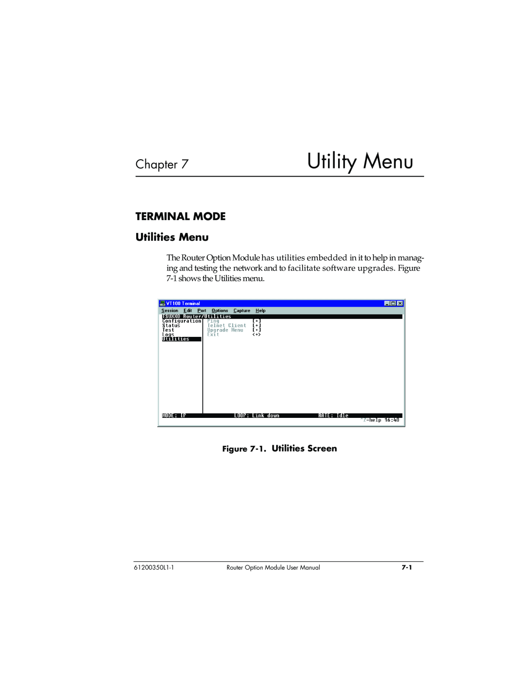 ADTRAN user manual Utility Menu, TERMINAL MODE Utilities Menu, 1. Utilities Screen, Chapter, 61200350L1-1 