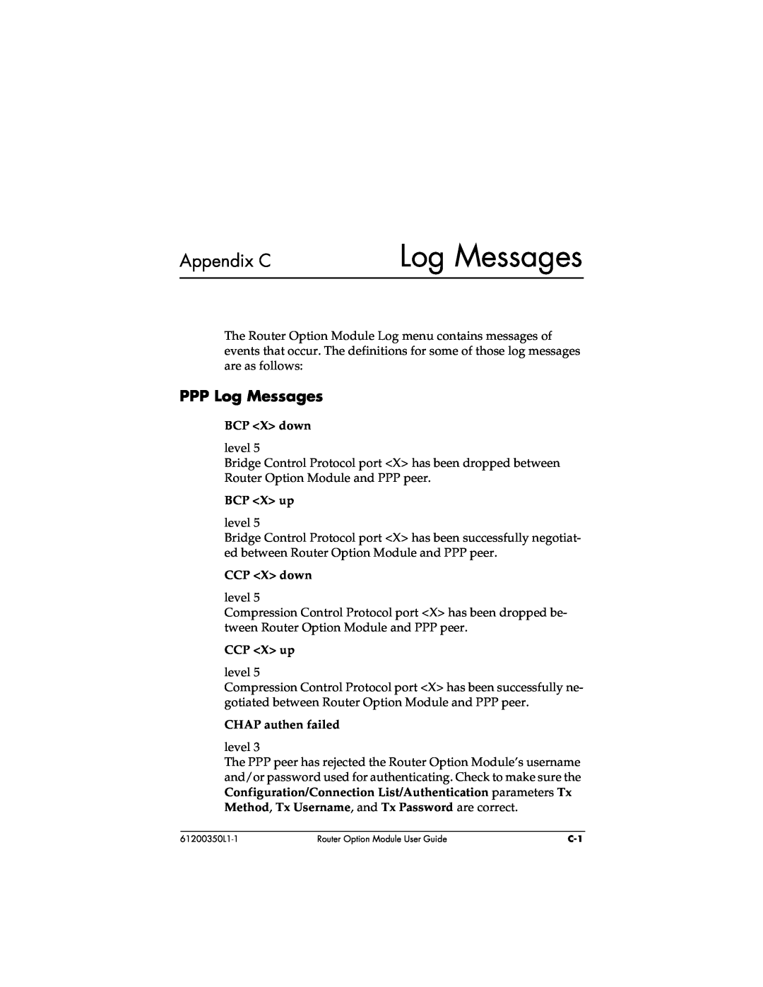 ADTRAN 1200350L1 user manual Appendix C, PPP Log Messages 