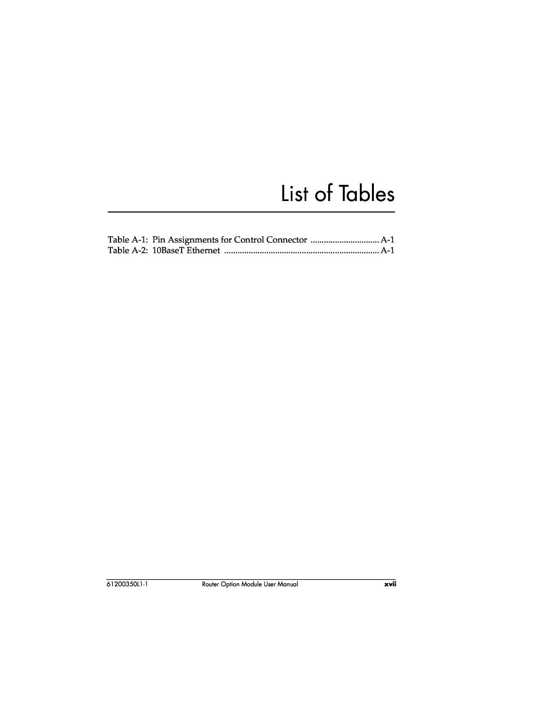 ADTRAN 1200350L1 List of Tables, Table A-1, Pin Assignments for Control Connector, Table A-2, 10BaseT Ethernet, xvii 
