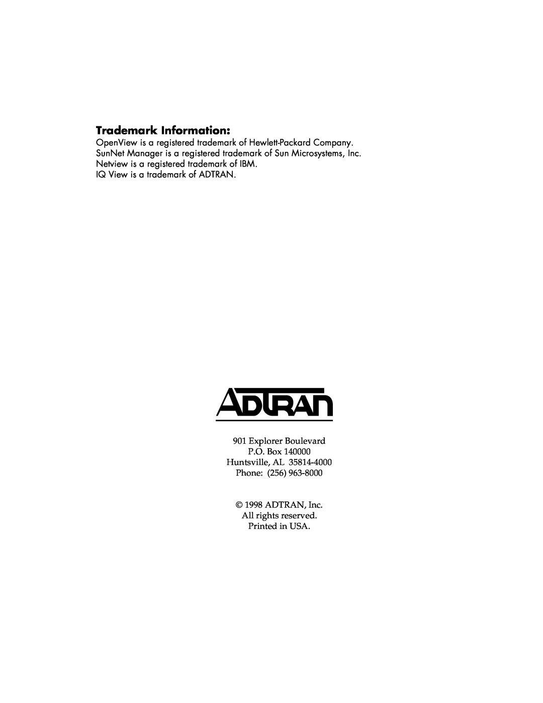 ADTRAN 1200350L1 user manual Trademark Information, IQ View is a trademark of ADTRAN 