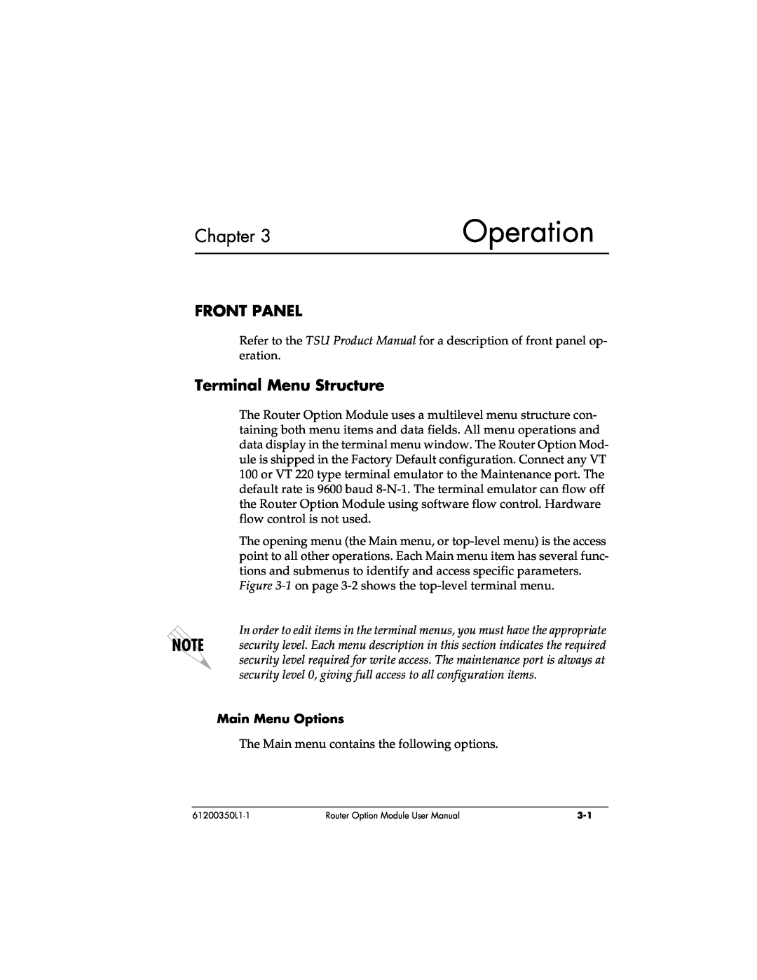 ADTRAN 1200350L1 user manual Operation, Front Panel, Terminal Menu Structure, Main Menu Options, Chapter 