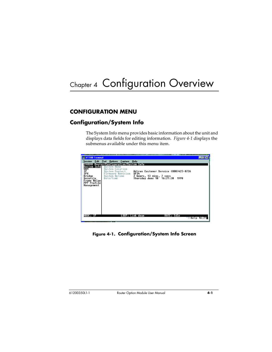 ADTRAN 1200350L1 Configuration Overview, CONFIGURATION MENU Configuration/System Info, 1. Configuration/System Info Screen 