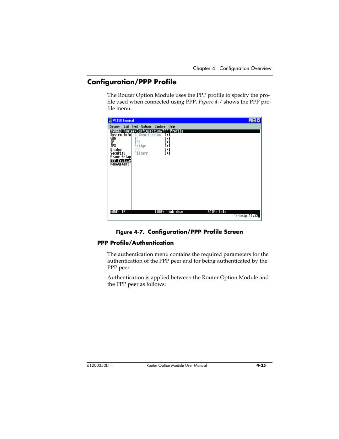 ADTRAN 1200350L1 user manual 7. Configuration/PPP Profile Screen, PPP Profile/Authentication 