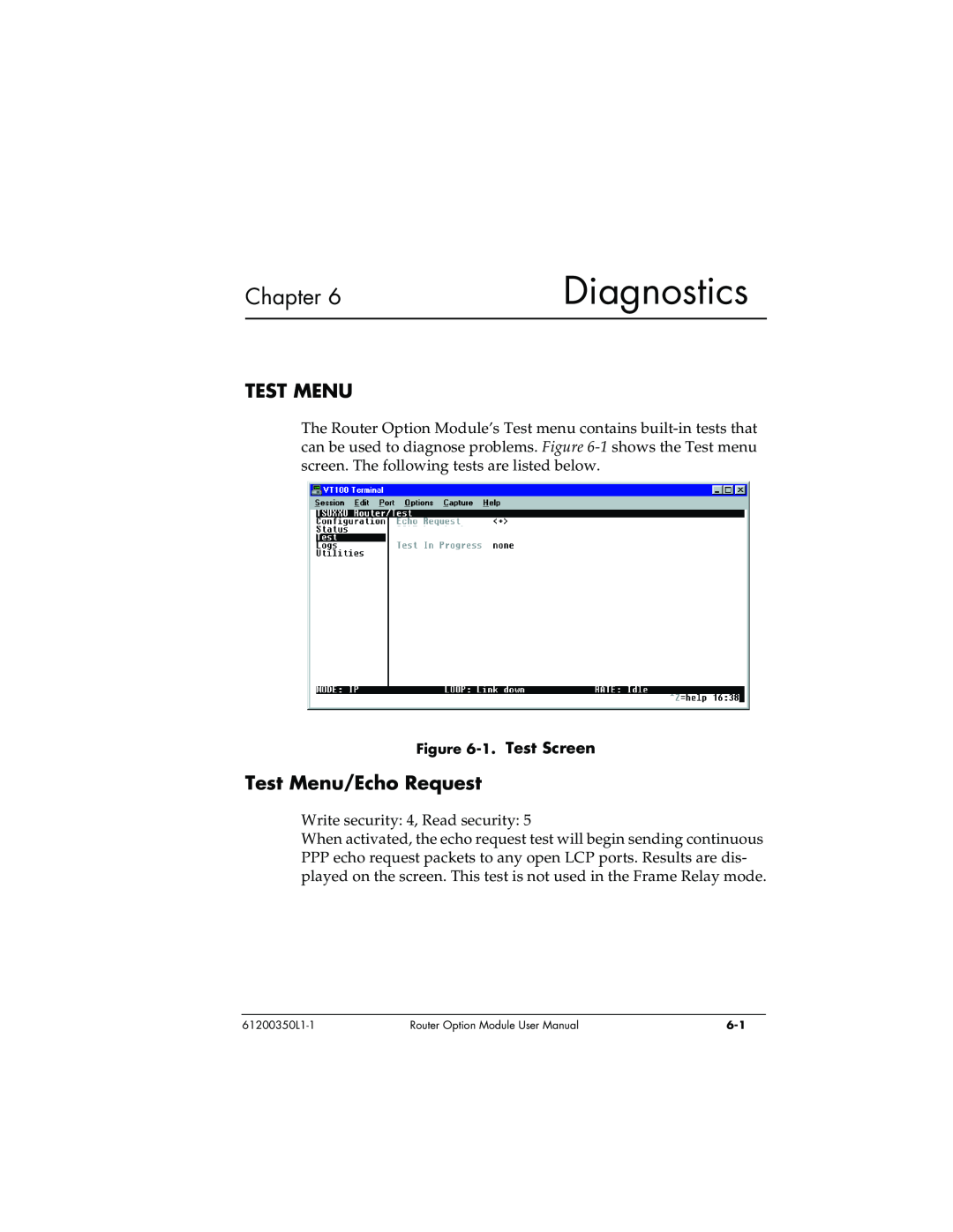 ADTRAN 1200350L1 user manual Diagnostics, Test Menu/Echo Request, Chapter 