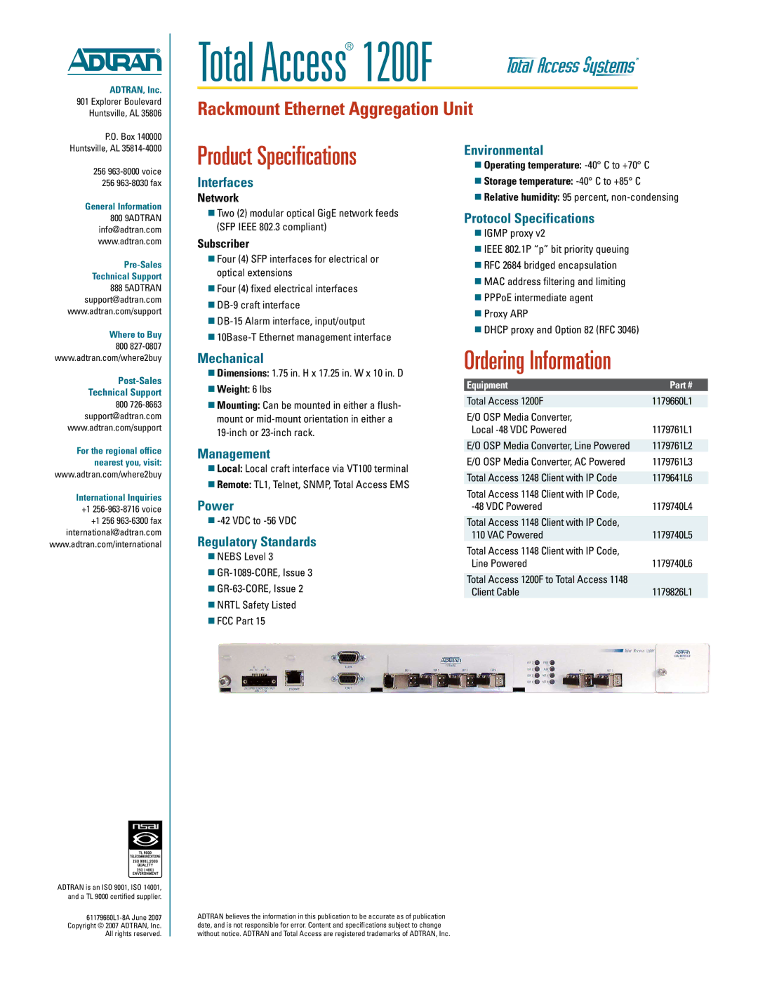 ADTRAN 1200F warranty Product Specifications, Ordering Information 