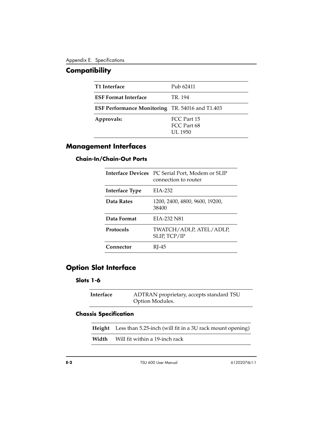 ADTRAN 1202076L2#DC, 1202076L1#DC user manual Compatibility, Management Interfaces, Option Slot Interface 