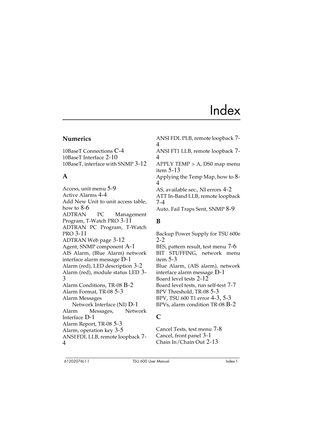 ADTRAN 1202076L2#DC, 1202076L1#DC user manual Index, Numerics 