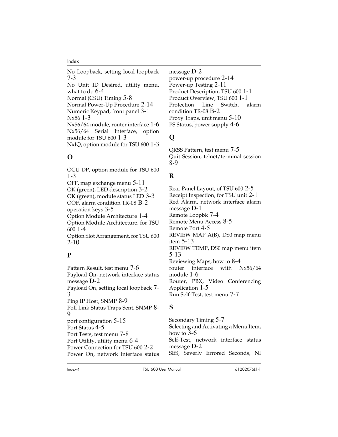 ADTRAN 1202076L2#DC, 1202076L1#DC user manual Index-4 61202076L1-1 