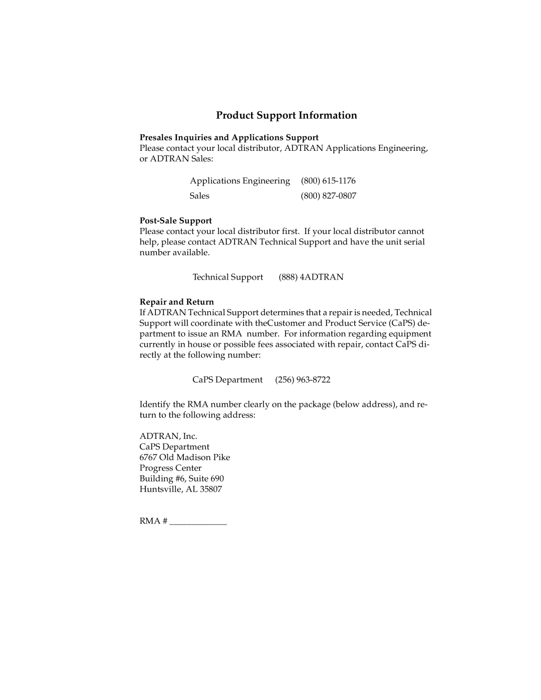 ADTRAN 1202076L1#DC, 1202076L2 user manual Presales Inquiries and Applications Support, Post-Sale Support, Repair and Return 