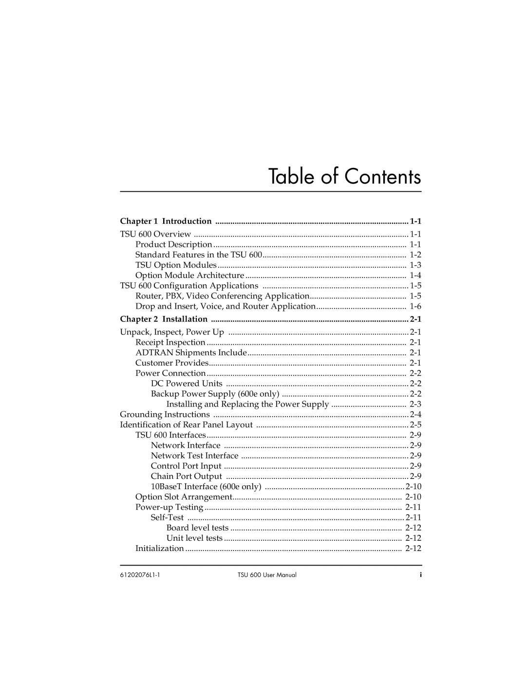 ADTRAN 1202076L2#DC, 1202076L1#DC user manual Table of Contents 