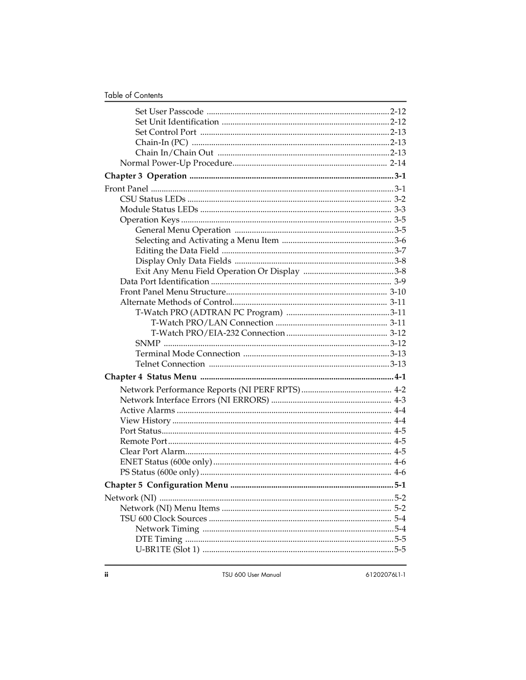 ADTRAN 1202076L2#DC, 1202076L1#DC user manual Operation, Status Menu, Configuration Menu 